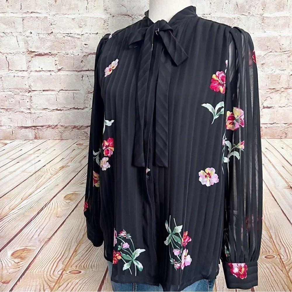 Ann Taylor floral chiffon blouse tie neckline